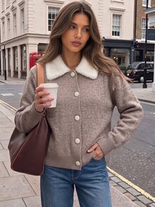 SHEIN Women Fur Detailed Button Front Regular Fit Long Sleeve Soft Touch Casual Knit Cardigan - Beige - View 1