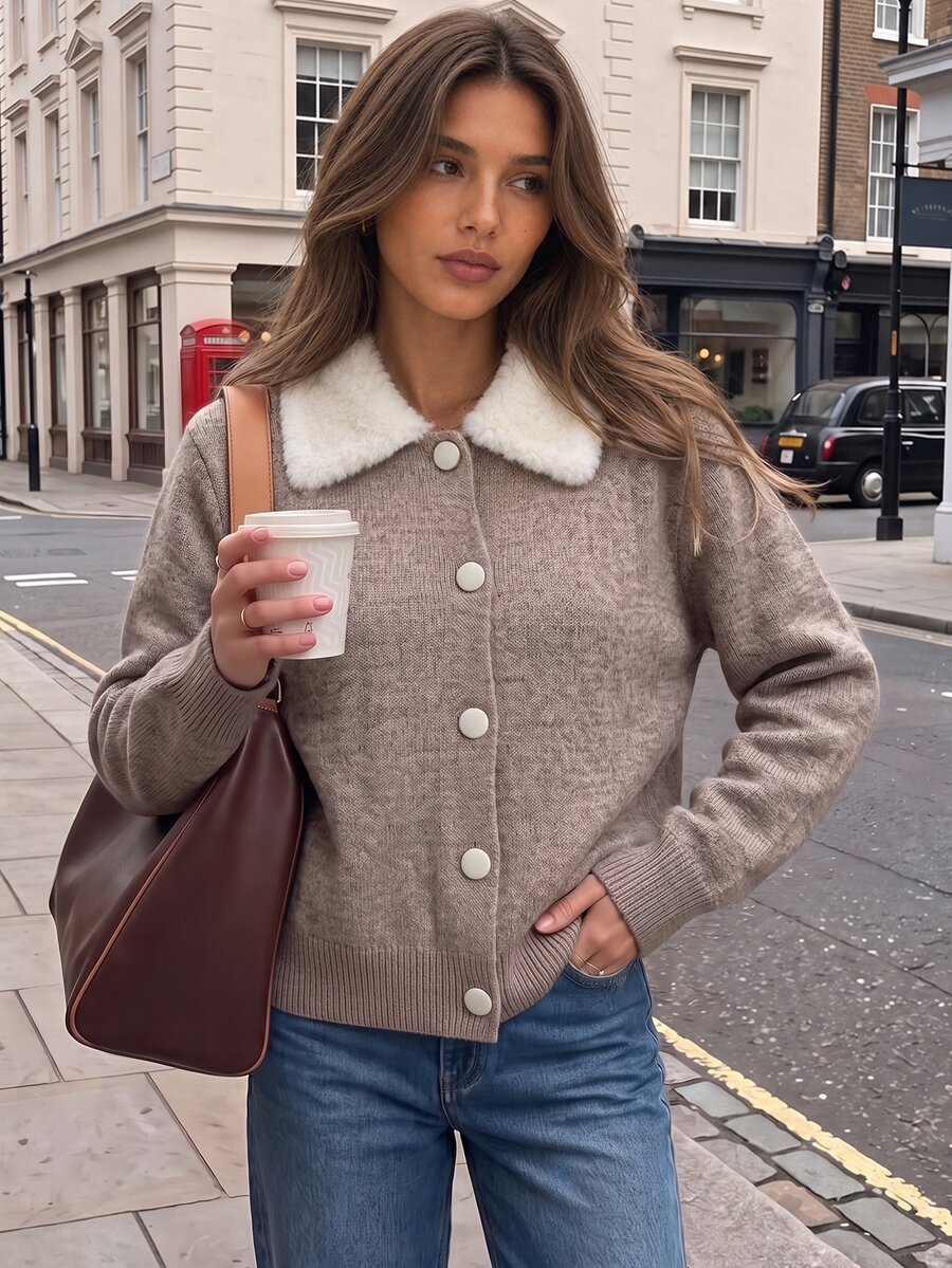 SHEIN Women Fur Detailed Button Front Regular Fit Long Sleeve Soft Touch Casual Knit Cardigan - Beige - View 1
