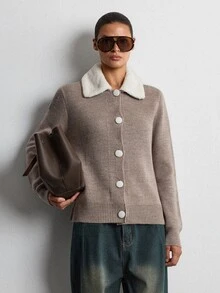 SHEIN Women Fur Detailed Button Front Regular Fit Long Sleeve Soft Touch Casual Knit Cardigan - Beige - View 3
