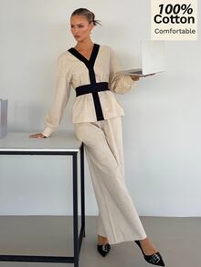 Siren Gaze Women's New Autumn Pure Cotton Colorblock Casual Set - Apricot - View 6