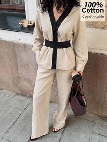 Siren Gaze Women's New Autumn Pure Cotton Colorblock Casual Set - Apricot - View 1