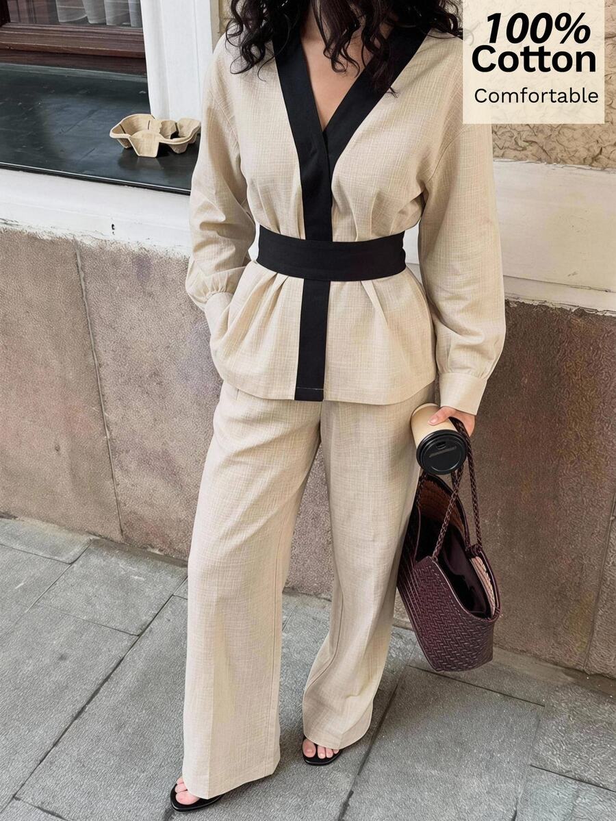 Siren Gaze Women's New Autumn Pure Cotton Colorblock Casual Set - Apricot - View 1