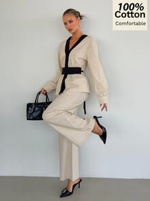 Siren Gaze Women's New Autumn Pure Cotton Colorblock Casual Set - Apricot - View 5