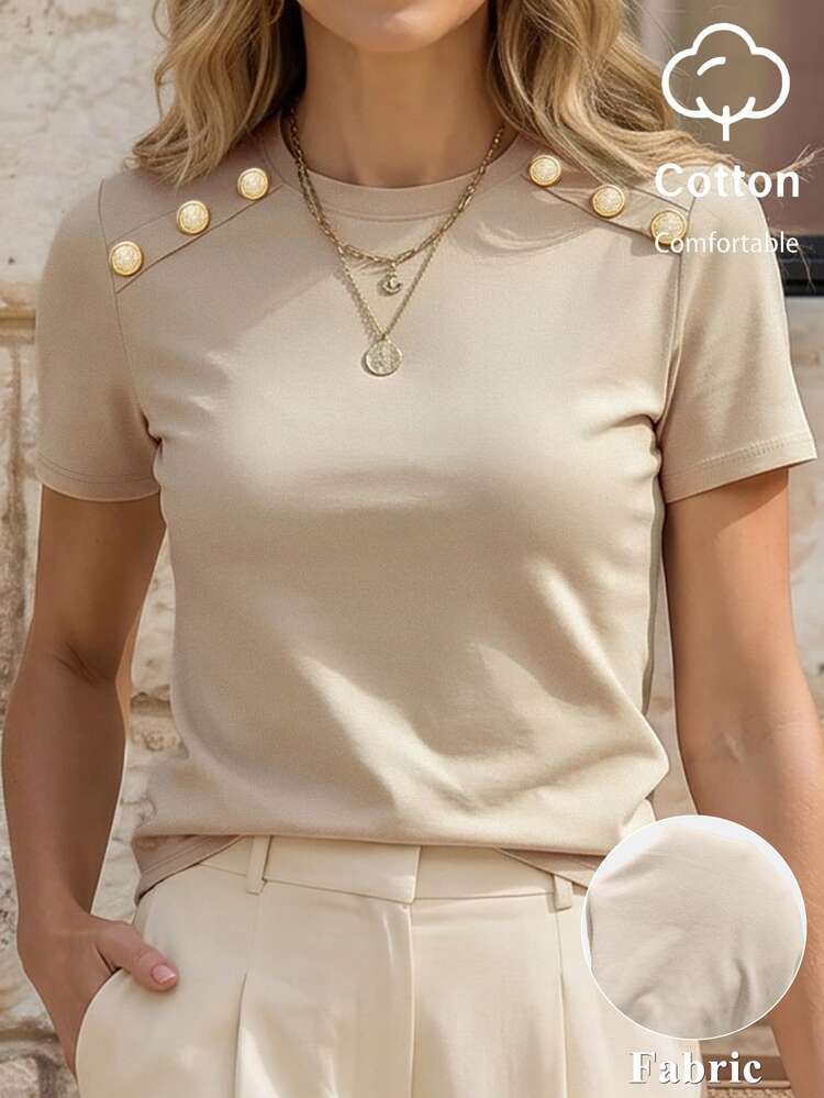 EMERY ROSE Women's Summer Knitted Elastic Fitted Round Neck Short Sleeve Decorative Button Cinched Waist Fashionable Elegant Casual Elegant Cotton T-Shirt - Apricot - View 1