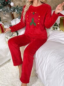 SHEIN Cute Holiday Bow Embroidered Solid Red Color Casual Plush Pajama Set - Red - View 5