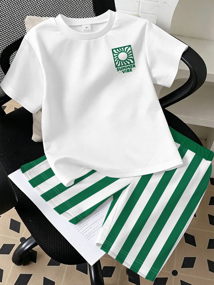 2pcs/Set Toddler Boys' Summer Breathable Short Sleeve Outfit,Children's Sun Print T-Shirt+Green White Striped Shorts,Casual Streetwear,Beach Vacation - Multicolor - View 5