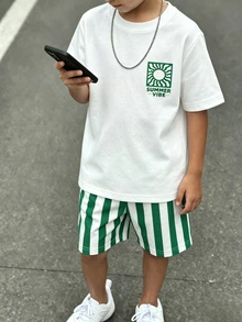 2件組幼兒男童夏季透氣短袖套裝，兒童太陽印花T恤+綠白條紋短褲，休閒酷感運動風 - 彩色 - 查看 4