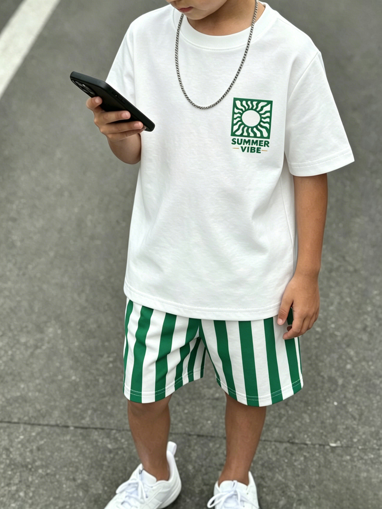 2pcs/Set Toddler Boys' Summer Breathable Short Sleeve Outfit,Children's Sun Print T-Shirt+Green White Striped Shorts,Casual Streetwear,Beach Vacation - Multicolor - View 4