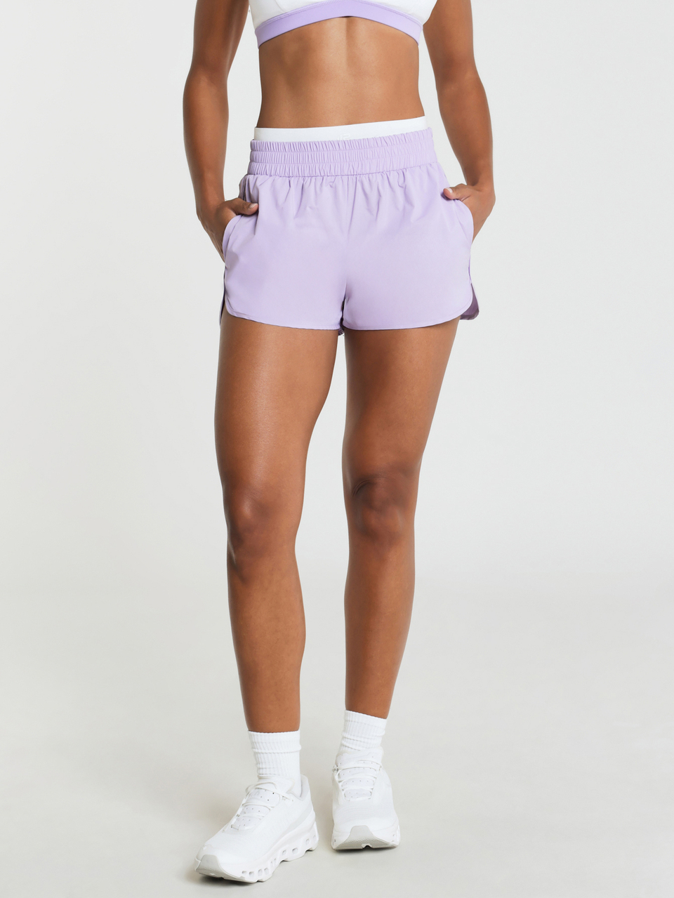 11SKNDS High-Waisted Woven Shorts Smocked Elastic Waistband Side Pockets, Mini Length, Relaxed Fit, Summer Casual Athleisure Gym Light Purple Workout