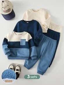 SHEIN 男女嬰兒/幼兒 3套組 秋冬保暖內裡加厚休閒可愛拼色拼接運動衫套裝 多件式 嬰兒冬季服飾套裝 - 藏蓝色 - 查看 1