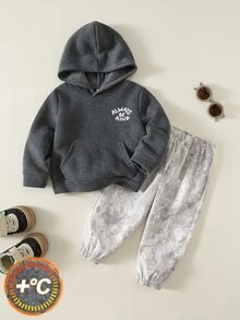 SHEIN 男女嬰幼兒 2件組秋冬保暖內裡加厚時尚迷彩圖案連帽衛衣套裝，男嬰冬季套裝，運動服，街頭風 - 灰色 - 查看 4