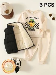 中性嬰兒男孩/女孩幼兒 3件組秋冬保暖內裡加厚可愛運動衫套裝與棉墊背心外套多件套裝，嬰兒冬季衣物，運動服，抓絨 - 黑色 - 查看 1