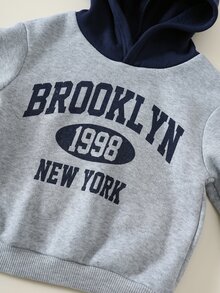 SHEIN 男女嬰兒/幼兒 2件組秋冬休閒可愛抓絨內裡加厚拼色拼接學院風連帽衛衣套裝，嬰兒運動服，嬰兒冬季衣物 - 棕色 - 查看 4