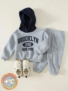 SHEIN 男女嬰兒/幼兒 2件組秋冬休閒可愛抓絨內裡加厚拼色拼接學院風連帽衛衣套裝，嬰兒運動服，嬰兒冬季衣物 - 棕色 - 查看 3