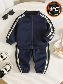 SHEIN 中性嬰兒男孩/女孩，嬰兒男孩2件組秋冬保暖內裡加厚休閒可愛運動衫套裝，嬰兒冬季套裝，運動服，慢跑褲 - 藏蓝色 - 查看 7
