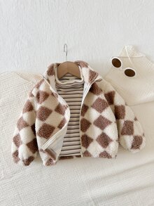 SHEIN 男女嬰幼兒秋冬超厚抓絨毛絨立領格紋夾克，嬰兒加厚棉襖冬外套，加厚保暖 - 杏色 - 查看 5