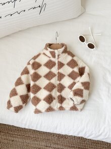 SHEIN 男女嬰幼兒秋冬超厚抓絨毛絨立領格紋夾克，嬰兒加厚棉襖冬外套，加厚保暖 - 杏色 - 查看 4