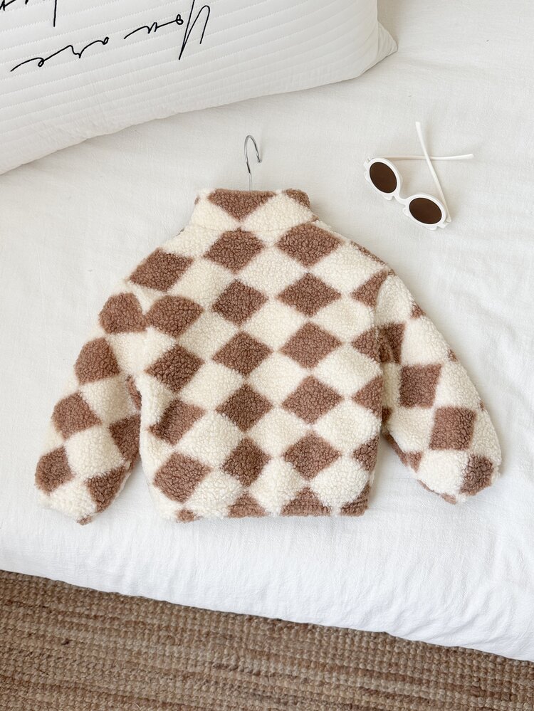 SHEIN Unisex Baby Boy/Girl, Toddler Autumn/Winter Super Thick Fleece Plush Stand Collar Checkered Jacket, Baby Padded Coat, Winter Coat, Fleece, Thicken - Apricot - View 2