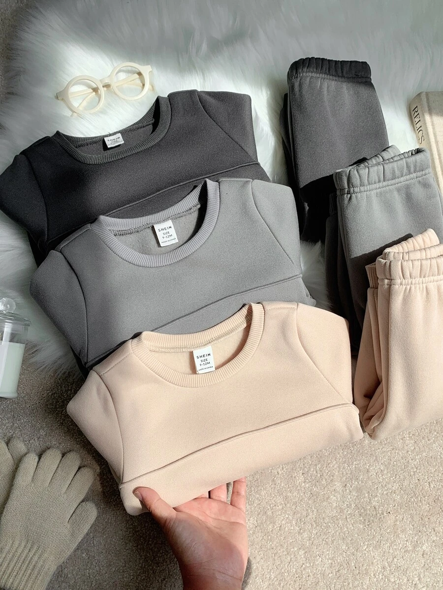 SHEIN 中性嬰兒男/女童 幼兒 6件組 秋冬休閒百搭保暖內裡加厚運動衫套裝 嬰兒運動服 冬季套裝