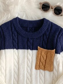 SHEIN 中性嬰兒男/女童、幼兒 2件組秋冬休閒可愛拼色拼接針織毛衣套裝，嬰兒冬季衣物，嬰兒毛衣套裝，復古風 - 藏蓝色 - 查看 6