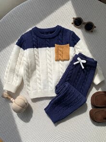 SHEIN 中性嬰兒男/女童、幼兒 2件組秋冬休閒可愛拼色拼接針織毛衣套裝，嬰兒冬季衣物，嬰兒毛衣套裝，復古風 - 藏蓝色 - 查看 4