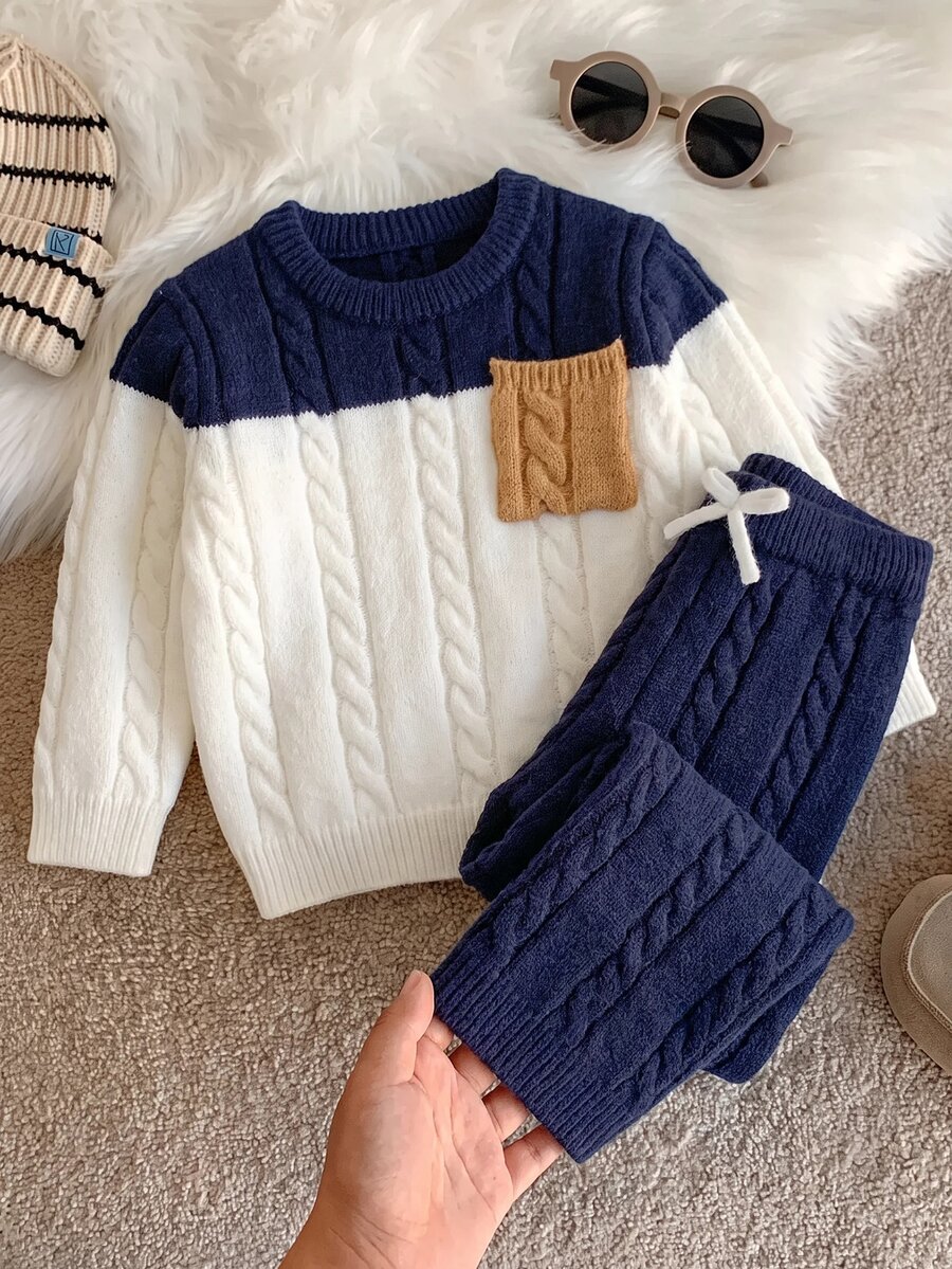SHEIN 中性嬰兒男/女童、幼兒 2件組秋冬休閒可愛拼色拼接針織毛衣套裝，嬰兒冬季衣物，嬰兒毛衣套裝，復古風