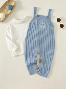 SHEIN 中性新生兒嬰兒男/女童，秋冬休閒可愛親子標語藍色提花針織連身褲吊帶褲，嬰兒針織連身褲，復古風 - 藍色 - 查看 7