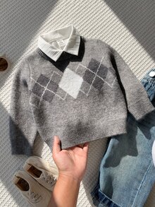 SHEIN 男女嬰兒/幼兒秋冬休閒學院風灰色粗針格紋圓領針織毛衣，嬰兒冬季衣物，嬰兒冬季毛衣 - 灰色 - 查看 1