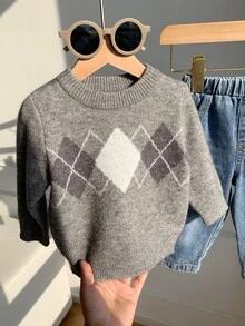 SHEIN 男女嬰兒/幼兒秋冬休閒學院風灰色粗針格紋圓領針織毛衣，嬰兒冬季衣物，嬰兒冬季毛衣 - 灰色 - 查看 5