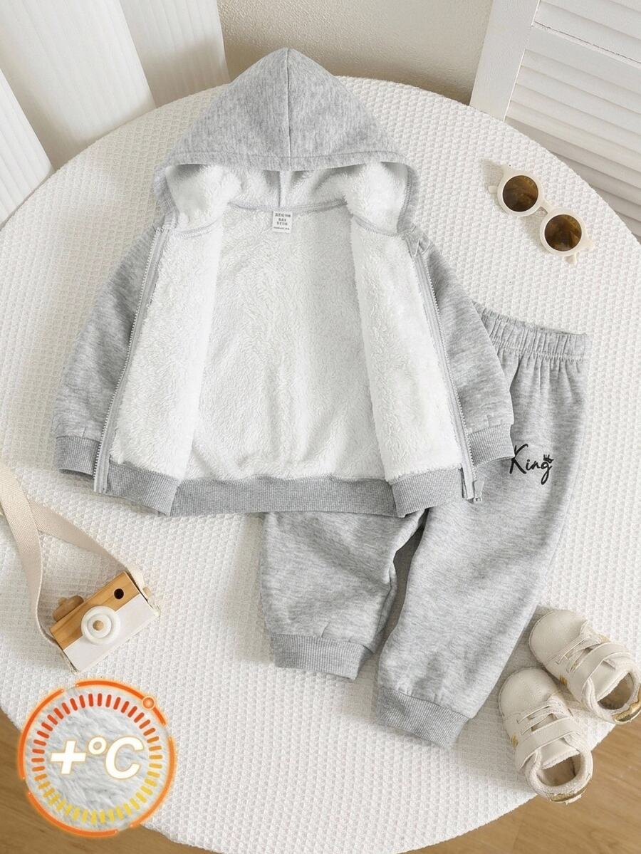 SHEIN 男女嬰幼兒 2件組秋冬休閒百搭保暖內裡加厚連帽外套套裝,搖粒絨加厚,嬰兒冬季服飾,街頭風 - 灰色 - 查看 1