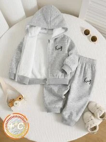 SHEIN 男女嬰幼兒 2件組秋冬休閒百搭保暖內裡加厚連帽外套套裝，搖粒絨加厚，嬰兒冬季服飾，街頭風 - 灰色 - 查看 3