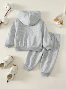 SHEIN 男女嬰幼兒 2件組秋冬休閒百搭保暖內裡加厚連帽外套套裝，搖粒絨加厚，嬰兒冬季服飾，街頭風 - 灰色 - 查看 2