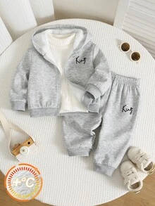 SHEIN 男女嬰幼兒 2件組秋冬休閒百搭保暖內裡加厚連帽外套套裝，搖粒絨加厚，嬰兒冬季服飾，街頭風 - 灰色 - 查看 8