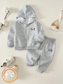 SHEIN 男女嬰幼兒 2件組秋冬休閒百搭保暖內裡加厚連帽外套套裝，搖粒絨加厚，嬰兒冬季服飾，街頭風 - 灰色 - 查看 4