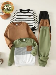 SHEIN 兒童中性男童/女童 3套組秋冬保暖內裡加厚休閒拼色拼接運動衫套裝 多件式 幼兒運動服 冬季衣物 - 軍綠色 - 查看 6