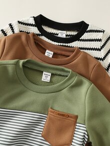 SHEIN 兒童中性男童/女童 3套組秋冬保暖內裡加厚休閒拼色拼接運動衫套裝 多件式 幼兒運動服 冬季衣物 - 軍綠色 - 查看 4