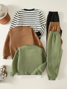 SHEIN 兒童中性男童/女童 3套組秋冬保暖內裡加厚休閒拼色拼接運動衫套裝 多件式 幼兒運動服 冬季衣物 - 軍綠色 - 查看 2