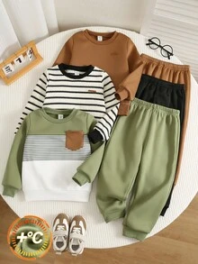 SHEIN 兒童中性男童/女童 3套組秋冬保暖內裡加厚休閒拼色拼接運動衫套裝 多件式 幼兒運動服 冬季衣物 - 軍綠色 - 查看 3