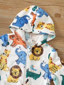 中性新生兒嬰兒男/女寶寶 2件組秋冬保暖內裡加厚可愛動物圖案連帽毛絨連身衣套裝 嬰兒睡衣 萬聖節 - 黃色 - 查看 4