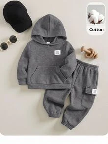 SHEIN 男嬰字母貼布袋鼠口袋秋季連帽衛衣與運動長褲套裝 - 灰色 - 查看 8