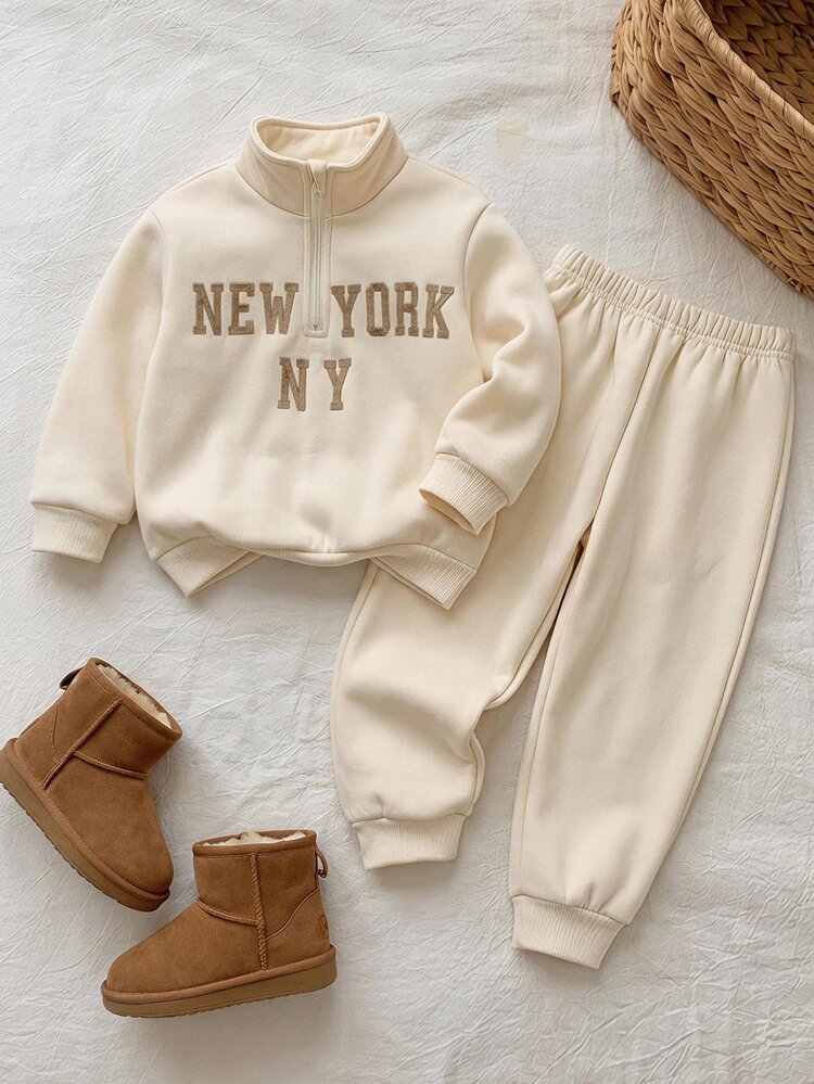 Kids, Young Boy/Girl, Young Boy 2pcs Autumn/Winter Casual Fashion College Style Stand Collar Sweatshirt Set, Toddler Winter Clothes, Toddler Tracksuit - Apricot - View 6