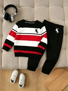 SHEIN Coolqubz 1套男嬰春秋休閒時尚賽車運動套裝 極簡黑色黑白拼接標誌運動衫與運動長褲 - 彩色 - 查看 5
