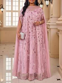 Fleurora Gaun Pesta Elegan Ukuran Plus dengan Bordir Payet dan Jaring - Berwarna merah muda - View 1