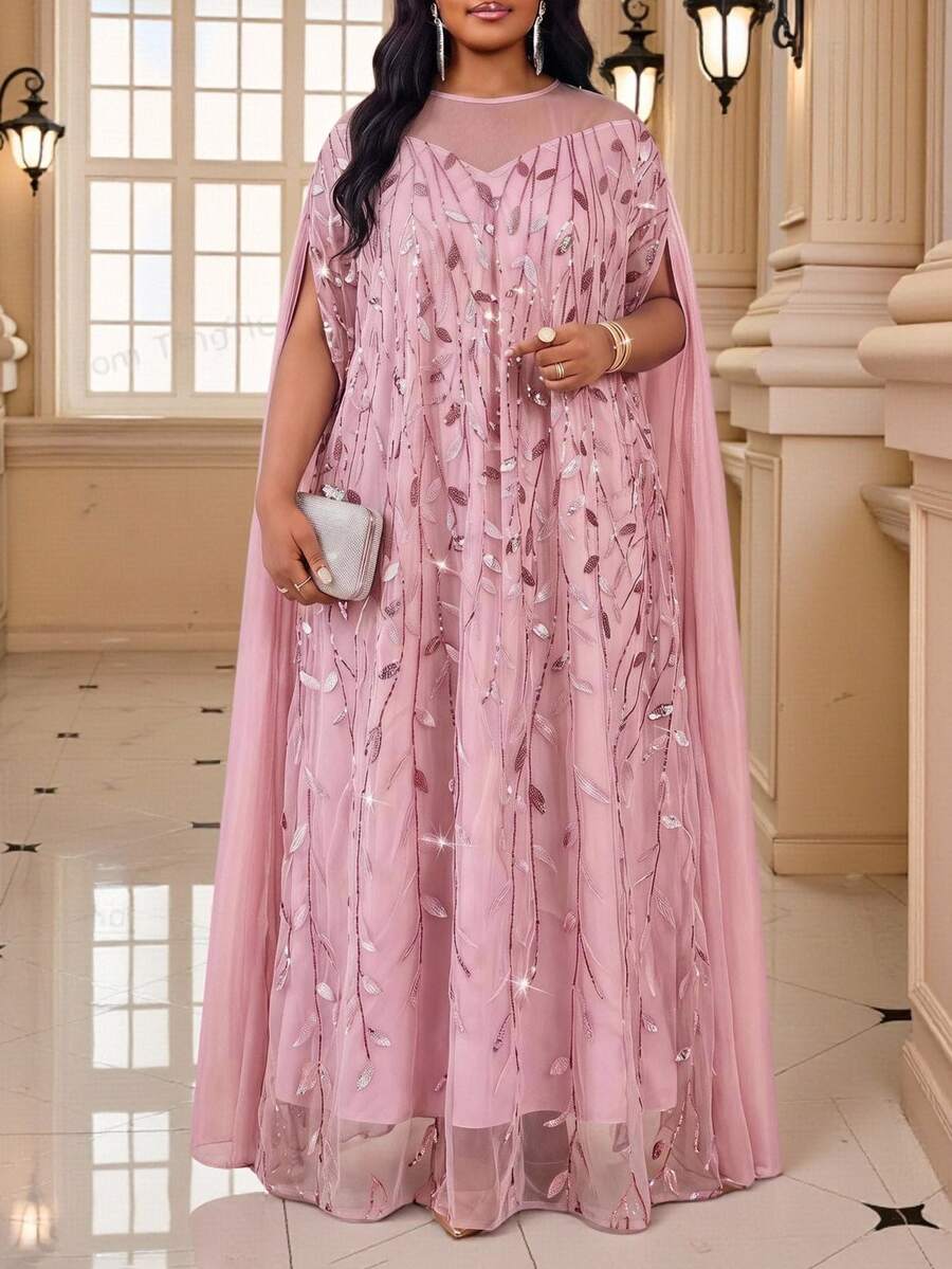 Fleurora Gaun Pesta Elegan Ukuran Plus dengan Bordir Payet dan Jaring - Berwarna merah muda - View 1
