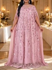 Fleurora Gaun Pesta Elegan Ukuran Plus dengan Bordir Payet dan Jaring - Berwarna merah muda - View 5