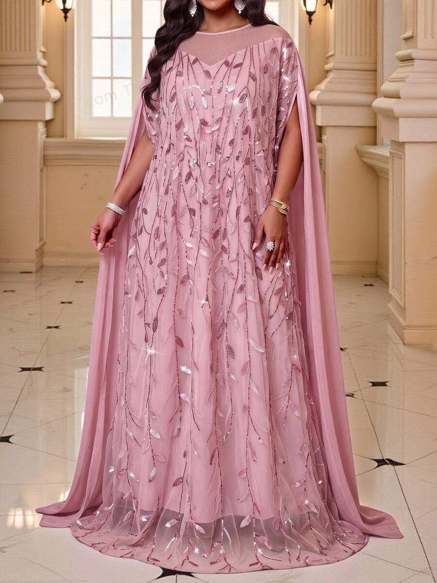 Fleurora Plus Size Elegant Party Sequin Embroidered Mesh Dress - Pink - View 1