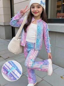 SHEIN 女童針織彩色漸層豹紋立領休閒夾克與修身休閒喇叭褲兩件套 - 彩色 - 查看 1