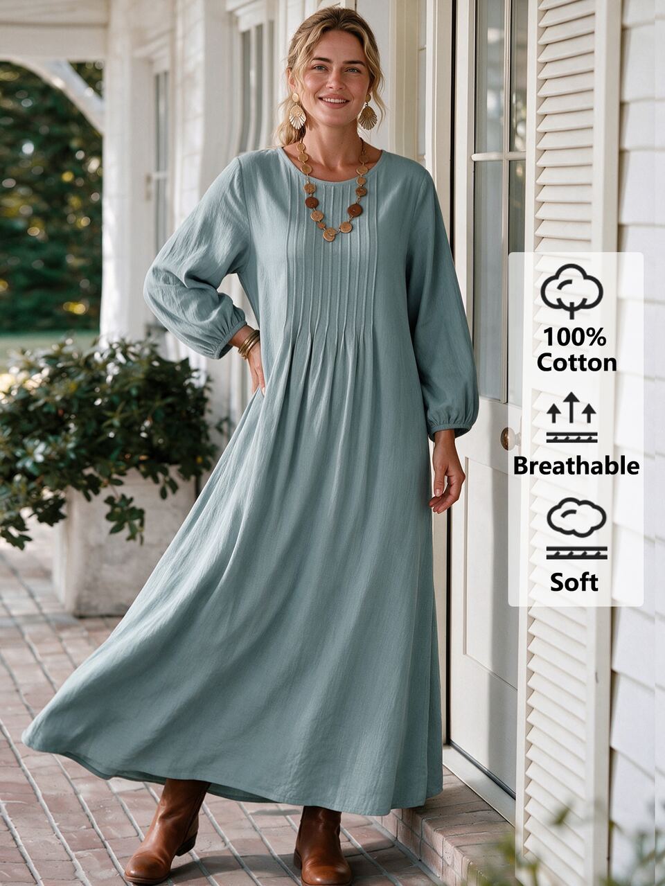 Women's Plus Size Solid Color Pleated Casual Traditional Cute Party Formal Brunch Vacation Long Sleeve Dress Fall Winter 2026 Sage Green