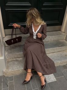 Serisse 女款對比蕾絲V領長袖優雅復古連身裙 秋季波希米亞風暗學院風細條紋長裙 早午餐穿搭 棕色條紋 - 棕色 - 查看 3