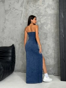SHEIN PETITE Women's Sexy Street Style Front Slit Bandeau Denim Dress - Blue - View 2